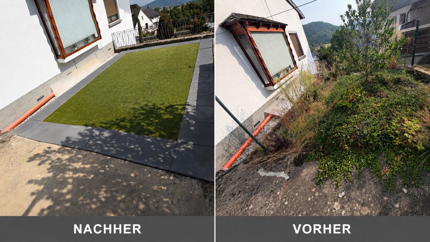 Vorher-Nachher-Vergleich: links neue Rasenfläche mit Pflastereinfassung, rechts der verwilderte Hang davor